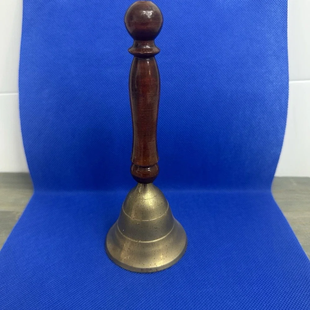 Bell Brass Old School Bell Brown Wood Handle India Handbell Dinner Farmhouse 6.5